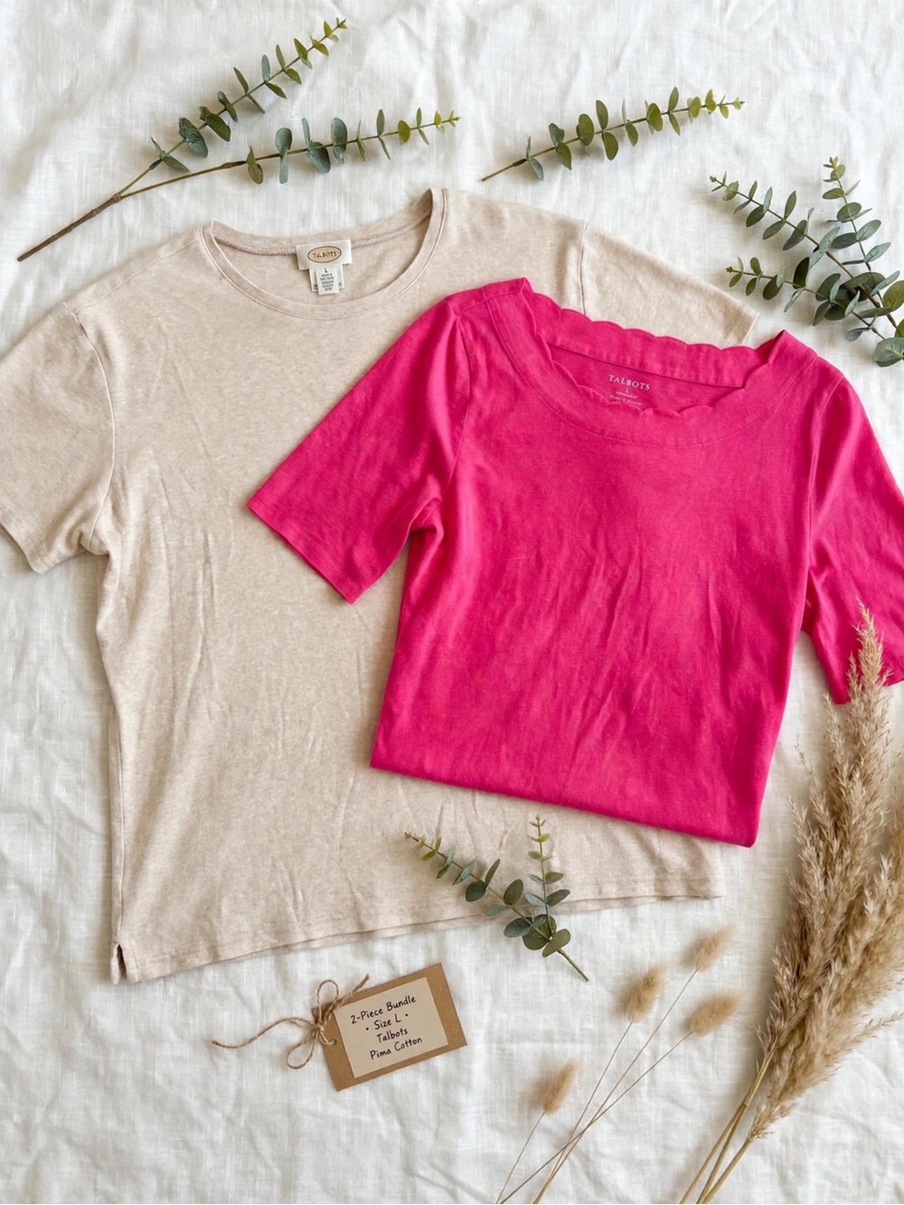 TALBOTS 2-Piece Bundle - Size L - Fuschia Pima Cotton Top + Oatmeal Beige Tee